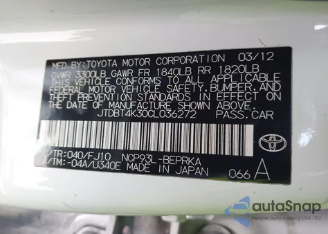 2012 Toyota Yaris z USA, uszkodzony, nr VIN JTDBT4K30CL036272